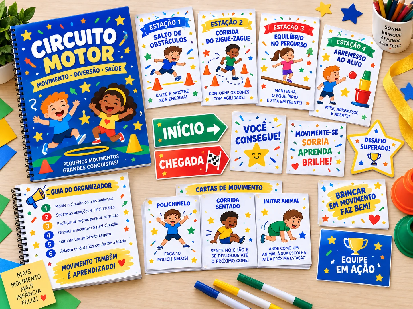 Kit Circuito Motor ilustrado com estações, placas e desafios de movimento
