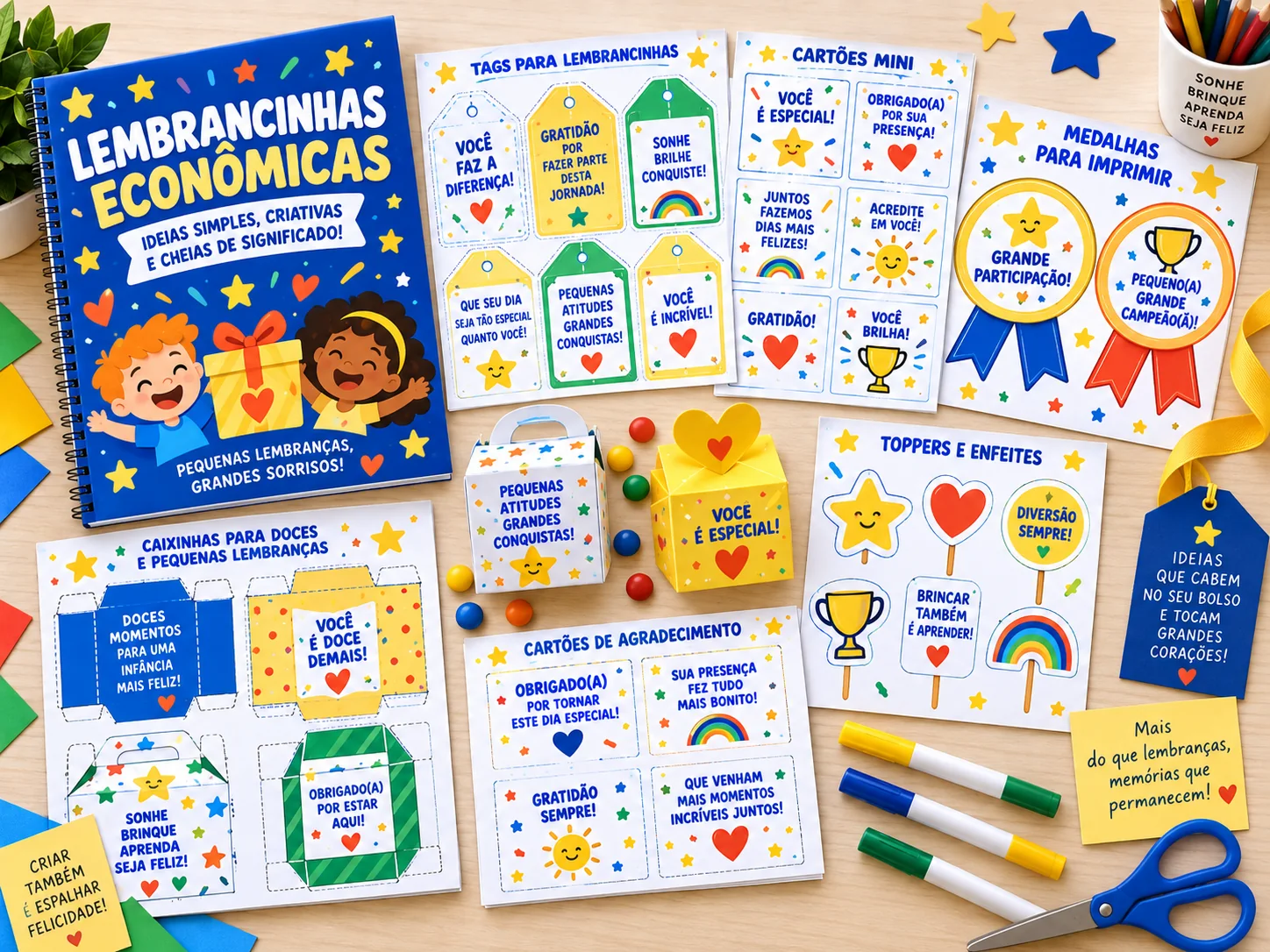 Kit Lembrancinhas Econômicas com tags, cartões, medalhas e caixinhas para imprimir