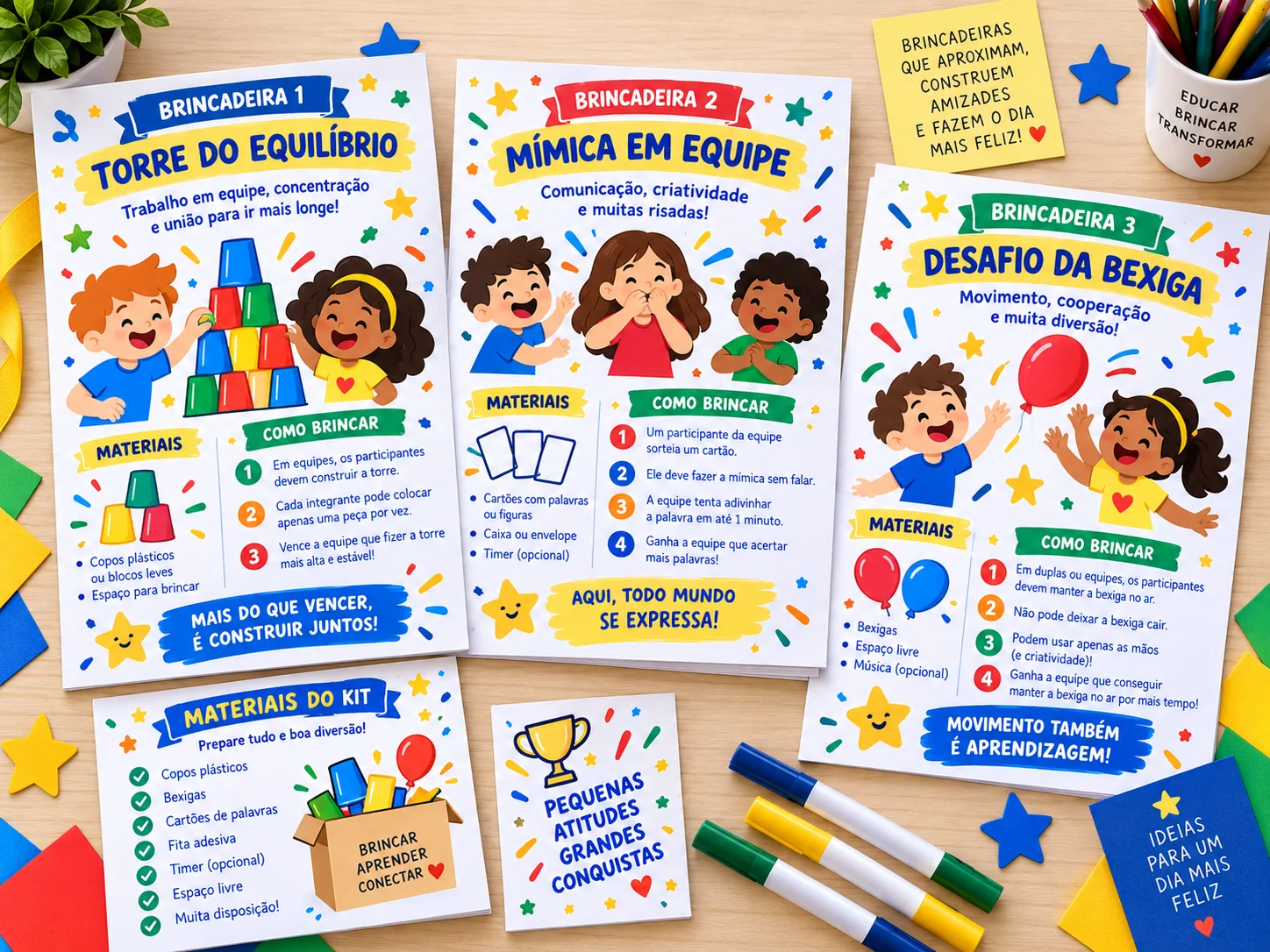 Páginas ilustradas da Gincana Pronta com Torre do Equilíbrio, Mímica em Equipe e Desafio da Bexiga