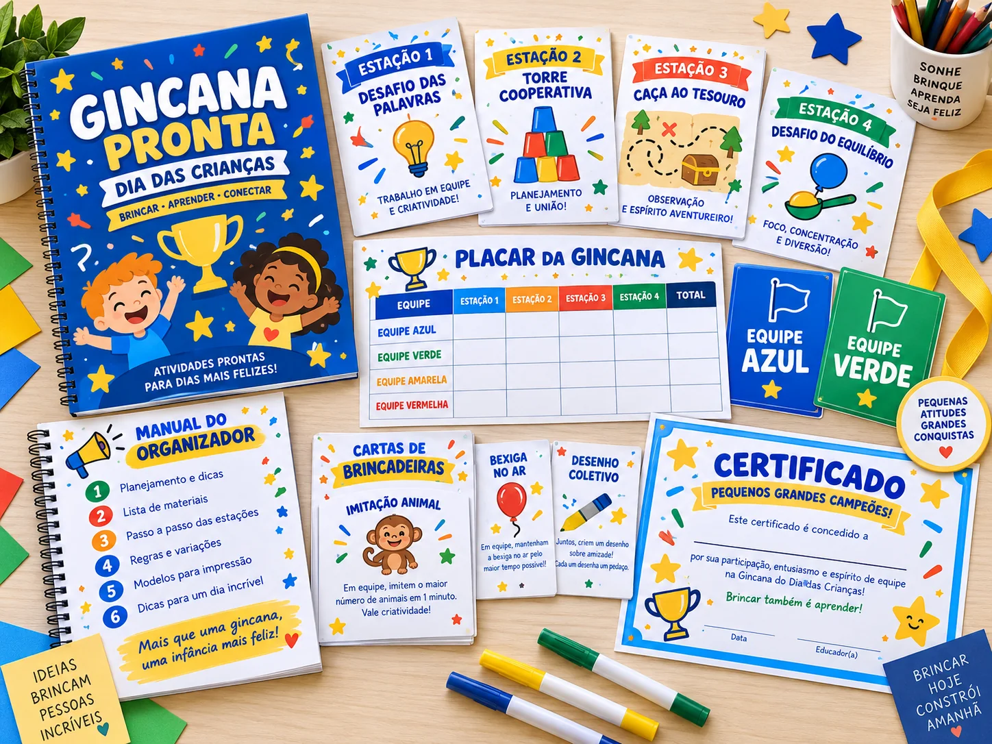 Visão geral ilustrada das páginas que compõem o kit Gincana Pronta