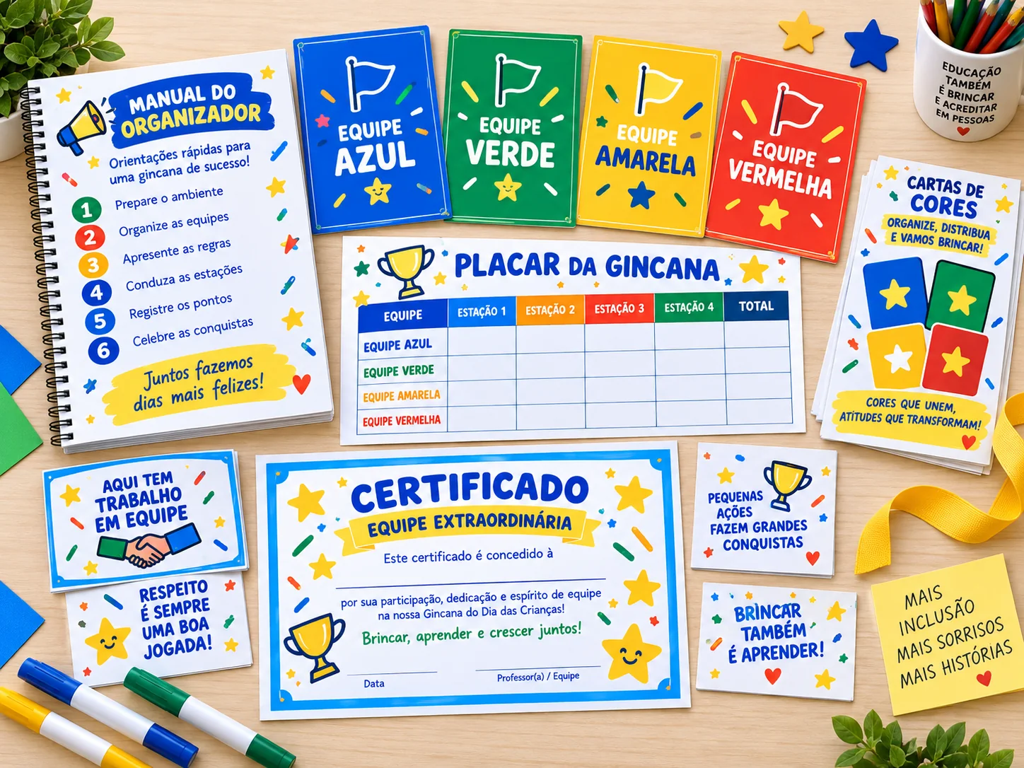 Manual do organizador, identificação de equipes, placar e certificado da Gincana Pronta