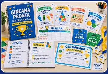 Kit Gincana Pronta impresso com placas, placar, equipes e certificados