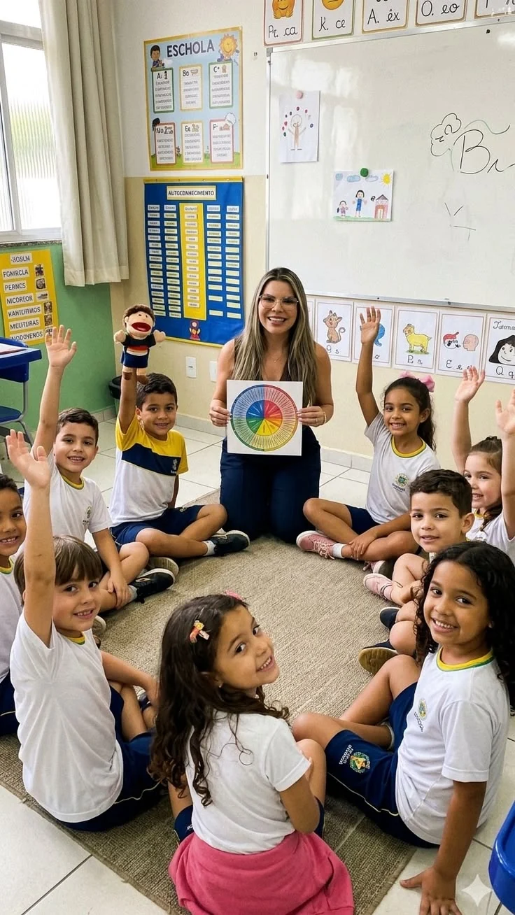 Professora em roda com crianças na sala de aula